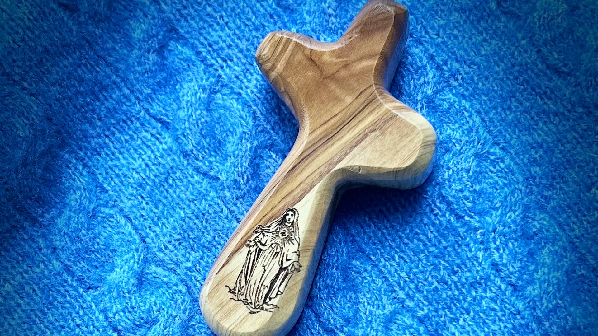 Engraved olive wood cross with image of the Blessed Virgin Mary