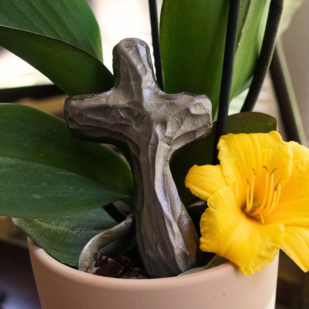 Silver wooden holding cross in potted plant with yellow flower