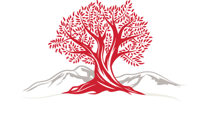 Graphic of red olive tree in front of mountains