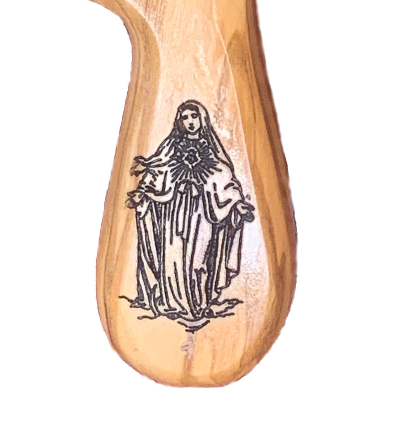 Close up of olive wood holding cross with engraving of the Blessed Virgin Mary